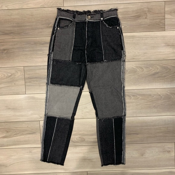 Maniere De Voir Patchwork Black Gray Frayed Jeans - Picture 1 of 4